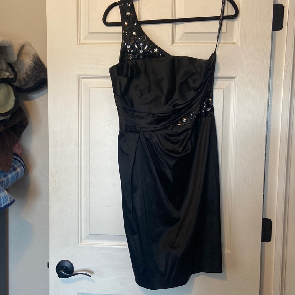Formal black one shoulder cocktail dress with sequin strap